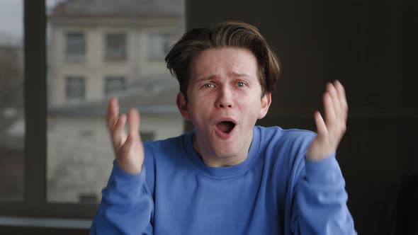 Closeup Emotional Male Face Portrait of Caucasian Millennial Guy Successful Satisfied Man Opens