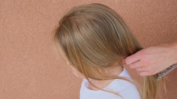 Mother Does the Hairstyle of Her School Girl Little Daughter's Tails