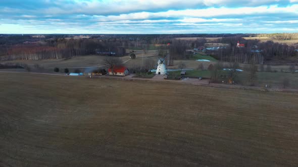 Old Araisi Windmill in Latvia Aerial Shot From Above. Winter Day at Sunrise. This Is the Only Windmi