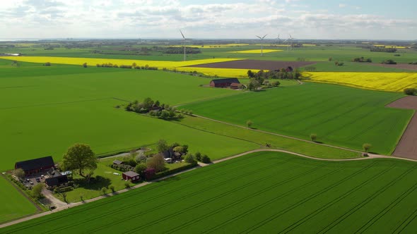 Aerial view of beautiful yellow and green fields, windmills and houses, Sweden
