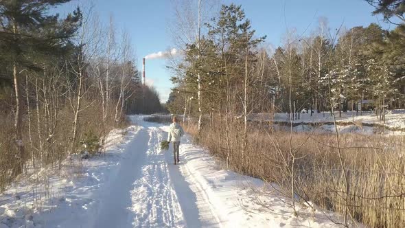 Upper Backside Girl with Pine Branch Walks Along Winter Wood