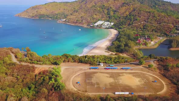 Aerial view of a soccer or football field at Patong beach with Andaman sea in Phuket, Thailand.