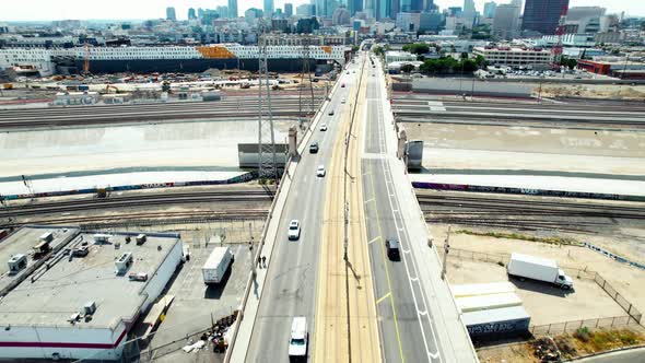 Establishing shot over 1st Street Bridge, downtown Los Angeles suburb urban area