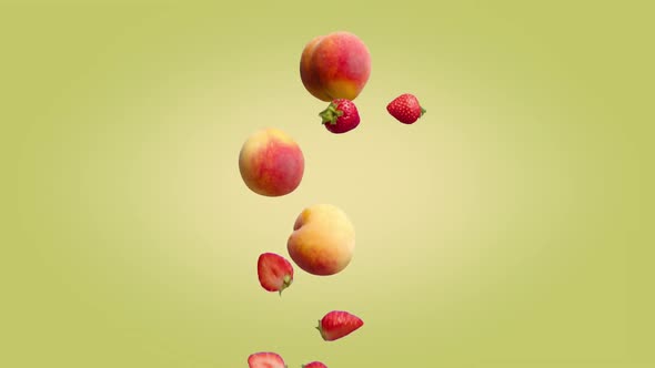 Peaches and Halves of Strawberries Falling on a Yellow Green Background