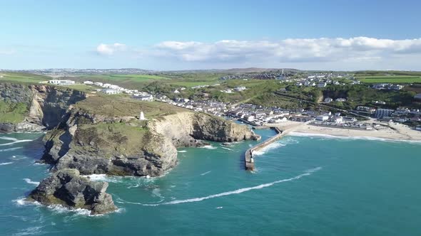 Panoramic View Of Portreath Village, Beach, And Waves On Turquoise Blue Sea During Summer In Redruth