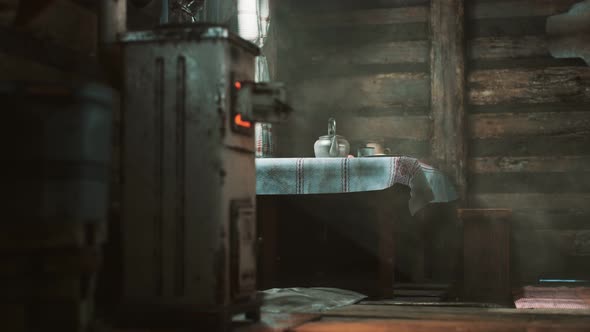 Dark Interior of Retro Log House alt