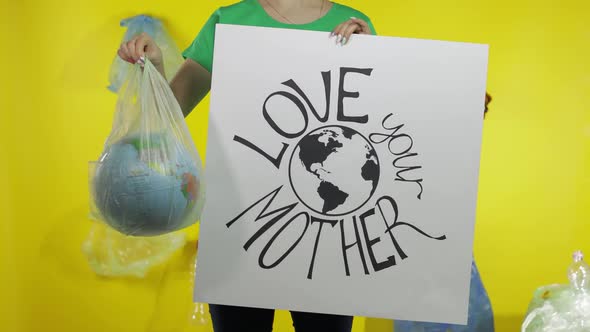 Unrecognizable Woman with Protesting Poster and Earth Globe in Plastic Package. Ecology Pollution