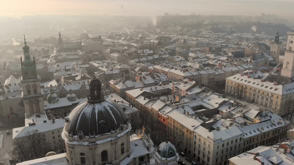 Aerial View of Lviv Cityscape in Winter Western Ukraine