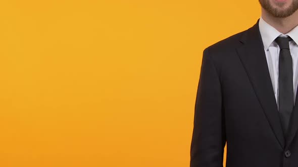 Man in Business Suit Pointing at Empty Background, Place for Your Template