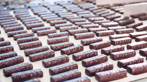Conveyor Transportation of Freshlymade Chocolate Candy Bars
