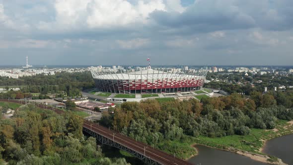 Panoramic Aerial drone view of The PGE Narodowy National Stadium - football stadium of Poland footba