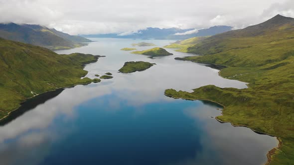 Aerial view of Captain Bay in Unalaska, Alaska, United States.