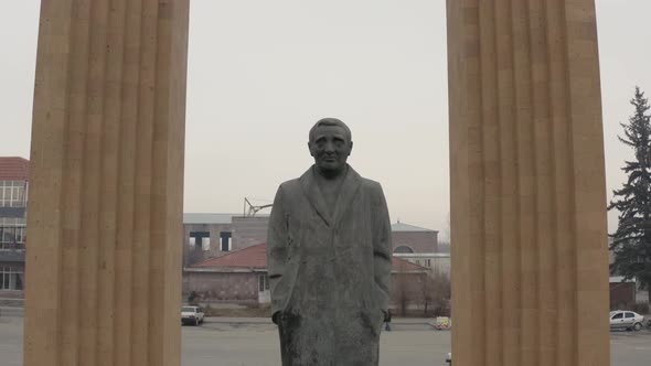 Statue of Charles Aznavour (Gyumri) aerial footage. Gyumri, Armenia.  Famous French-Armenian singer.