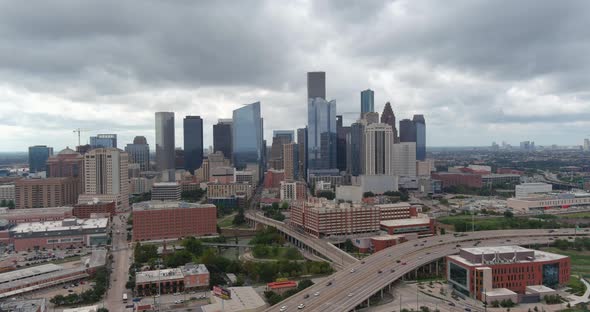 Establishing aerial shot of downtown Houston cityscape