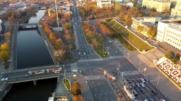 City streets, river autumn aerial Kharkiv, Ukraine