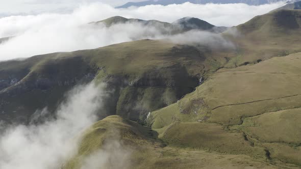 Aerial View of mountains in the clouds, Maluti A Phofung NU, Free, South Africa.