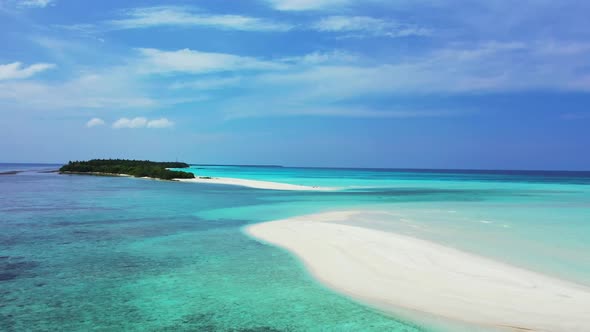 Aerial drone landscape of luxury shore beach adventure by turquoise sea with white sandy background 