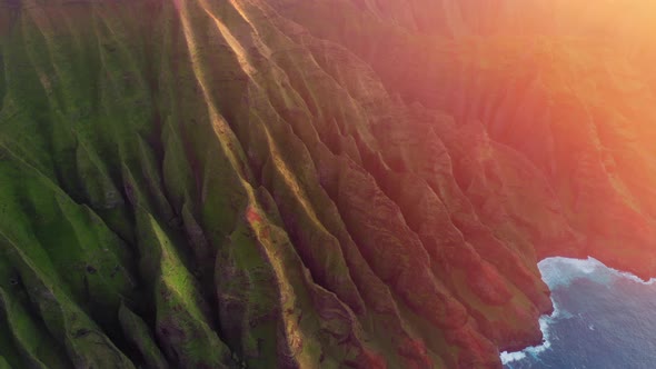  Aerial Cinematic Sunset Over Beautiful Hawaii Island. Sunset Over Mountains