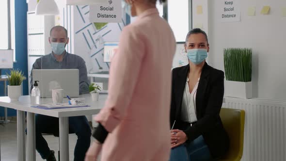 Portrait of Entrepreneur Woman Wearing Protective Face Mask to Avoid Global Epidemic