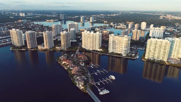 Panning wide landscape of coast city of Miami Florida United States