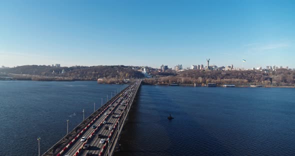 City Traffic on the Big Bridge at the Autumn Aerial View