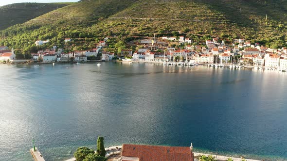 Aerial View of Vis Town at Sunset on Vis Island Croatia