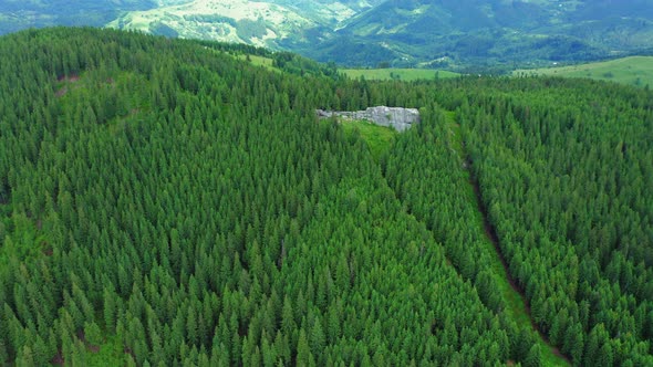 Aerial View of a Big Stone Slab on a Mountain Slope Forest