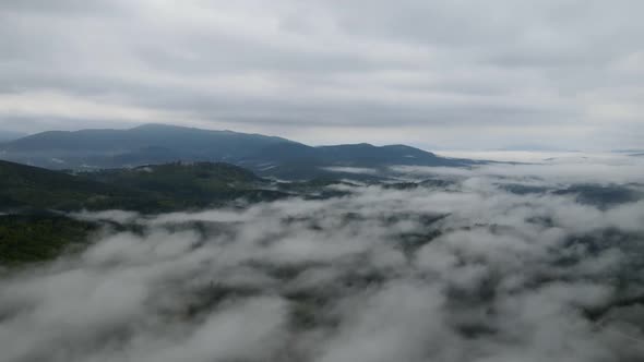 Mountain Fog Time Lapse. Carpathians. Ukraine. Aerial. Gray, Flat, No Color.