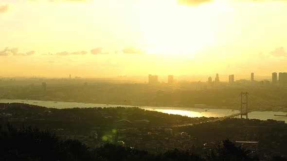 Bosphorus Bridge panoramic view at sunset. İstanbul Turkey