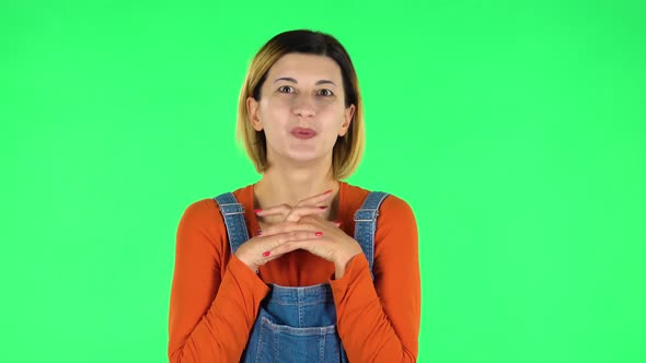 Girl with Wow Face Expression and Tender Smiling. Green Screen