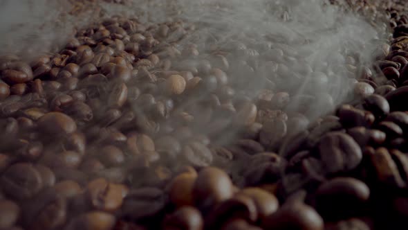 Smoke Coming Roasted Coffee Beans Close Up