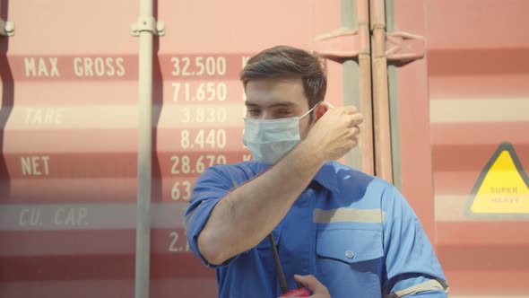 engineer worker foreman in uniform wearing face mask virus protection