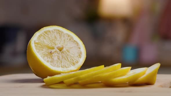 Knife Cut Slicing Lemon Wooden Board