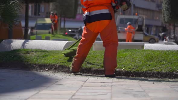 Lawnmower Cuts Grass in the City