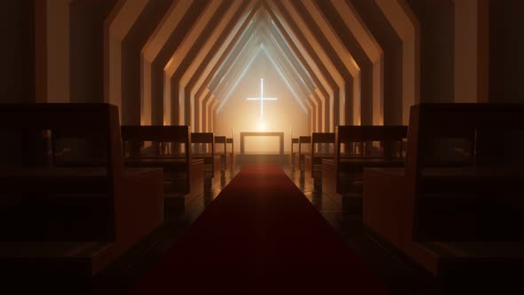 Interior of modern minimalistic chapel or church during a night. 4k HD