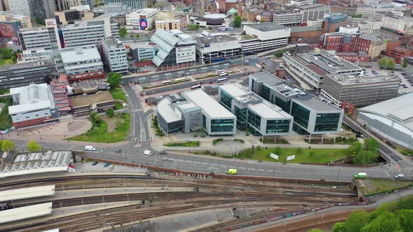 Aerial footage of the city centre of Sheffield in South Yorkshire in the UK