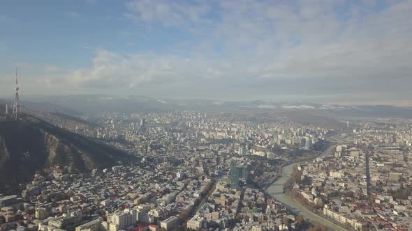 Aerial view of center of Tbilisi. Mtatsminda. TV tower. Georgia 2017 December