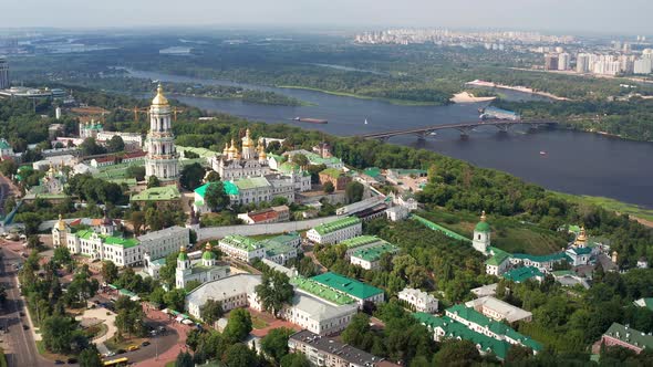 Beautiful, morning flight over the Kiev Pechersk Lavra. Summer in Kiev.