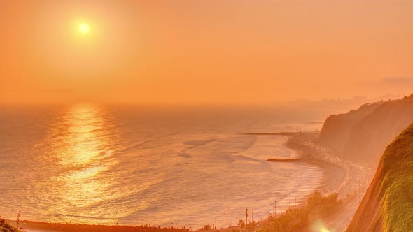 Aerial Sunset View of Lima's Coastline in the Neighborhood of Miraflores Timelapse Lima Peru