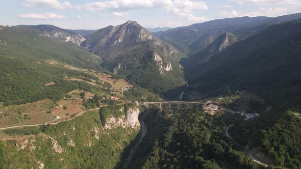 Aerial view of Tara river canyon, mountains and bridge, Montenegro, Europe