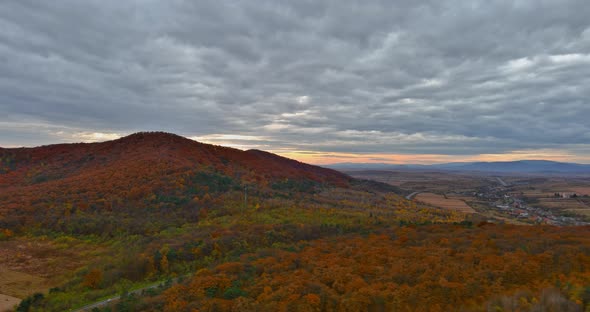 Aerial View of Panoramic Beautiful Landscape with Mountain Scenery and Autumn Forest