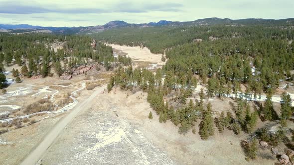 Aerial view of Pikes National Forest in the Winter.