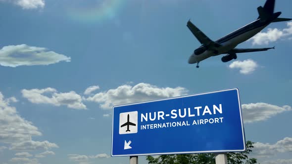 Airplane landing at Nur-Sultan, Astana Kazakhstan, Nursultan airport