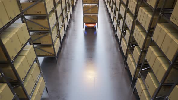 Warehouse industry autonomic robots carrying metal shelves with cardboard boxes.