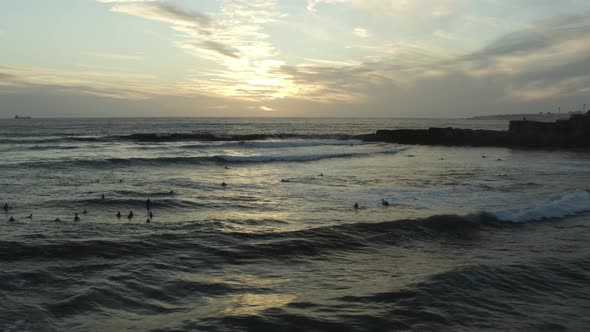 4k footage - Aerial / drone view (Sunset Cascais) of many surfers waiting for the waves to come. At