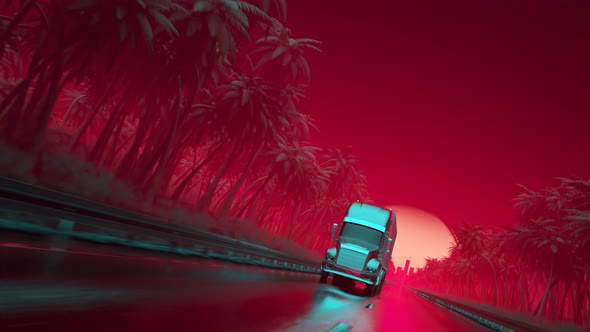 Semi truck with trailer driving towards the city. Synthwave stylized loop. 4K