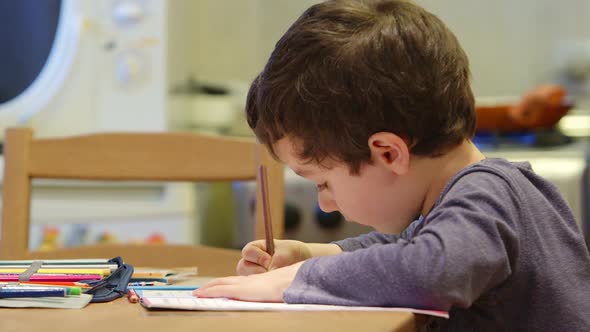 Cute Little Boy Draws At The Table At Home