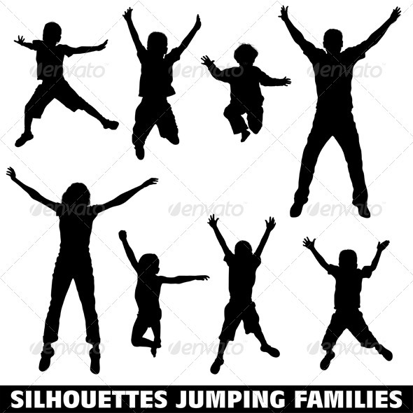 Silhouette happy jumping family