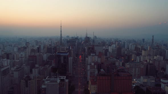 Sunset downtown Sao Paulo Brazil. Downtown district at sunset scenery.