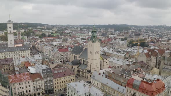 Aerial Drone Video Panorama of Latin Cathedral in City Lviv Ukraine Flight Above Roofs Streets